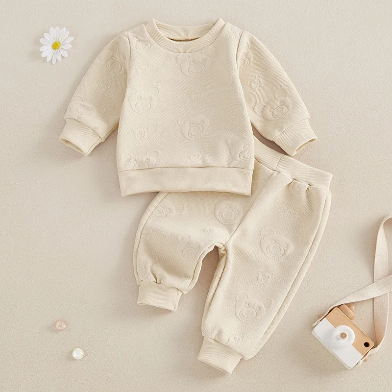 Tregren Fall Baby Girls Boys Clothes Sets Infant Newborn Bear Pattern Long Sleeve Sweatshirt Elastic Waist Pants Casual Outfits