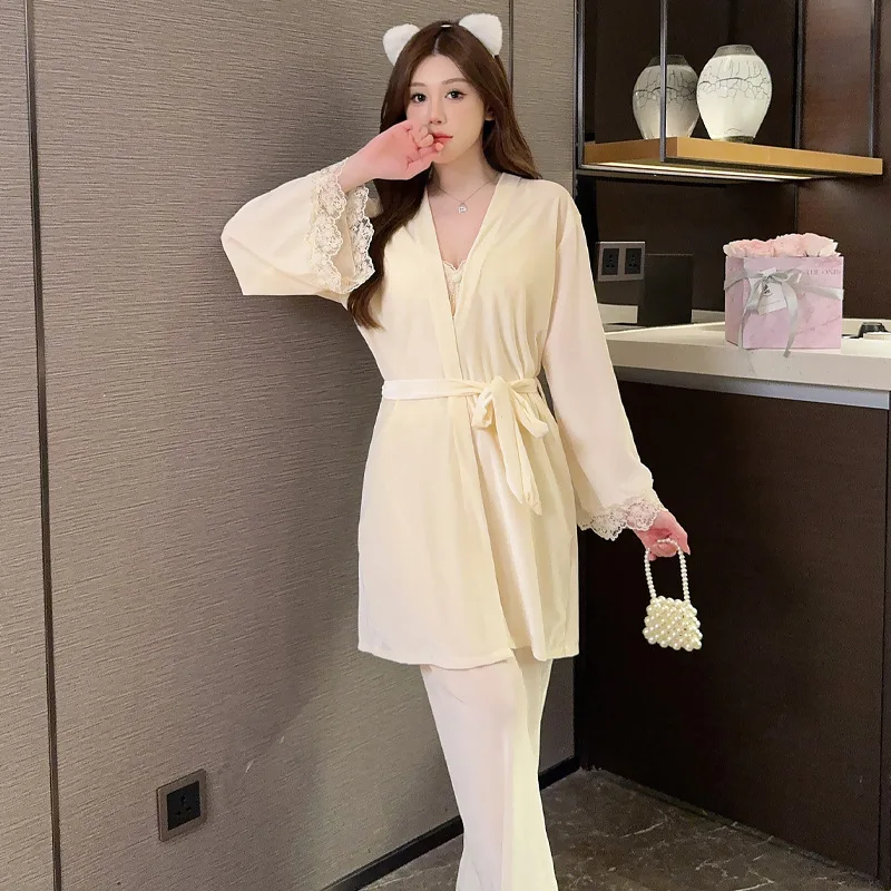 

Сексуальный бархатный пижамный комплект из 3 предметов, лоскутное кружевное белье, брюки на бретельках, пижамный костюм, осень-зима, новая велюровая одежда для сна, повседневная пижама