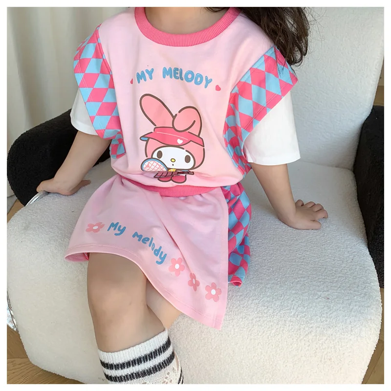 Cute Sanrio Short Sleeved Dress Set Anime Cartoon My Melody Printed T-Shirt Top Short Skirt Kid Clothes Children Birthday Gift