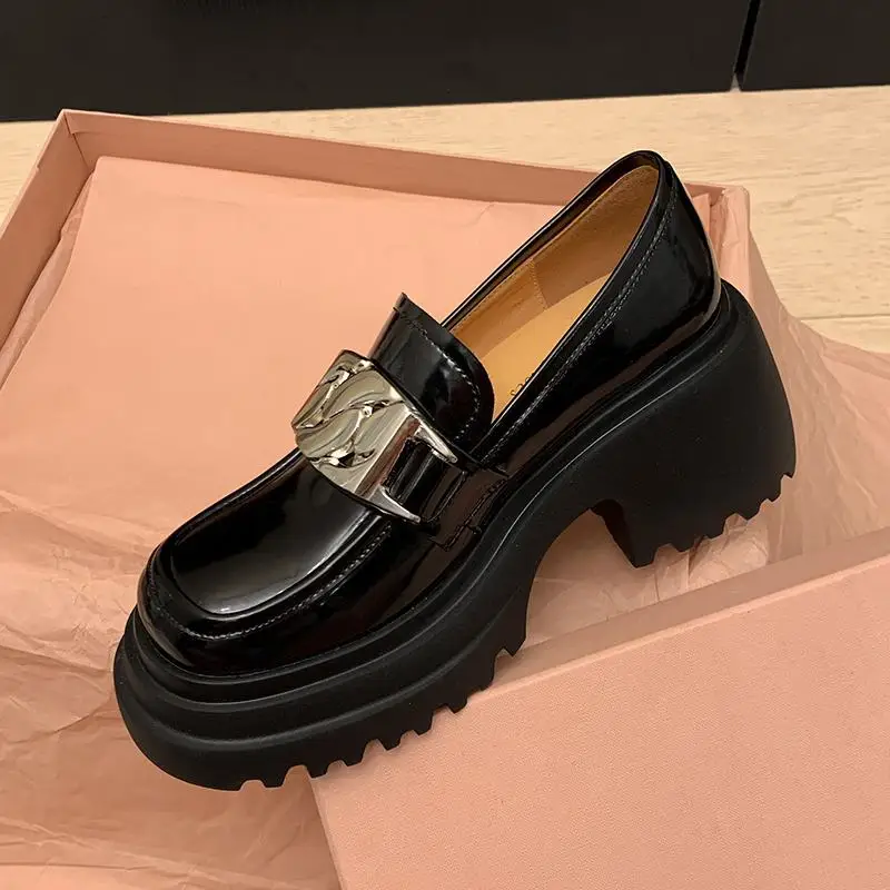 Krazing Pot Genuine Leather Autumn Shoes Slip On Preppy Style Platform Thick Bottom Metal Buckle Loafers European Women Pumps