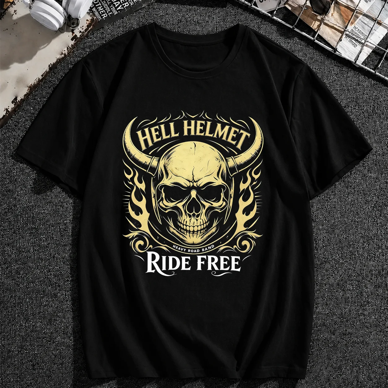 Hell Helmet Ride Free Skull Graphic T‑Shirt Men Vintage Biker Motorcycle Short Sleeve Tees Heavy Road Band Punk Rock