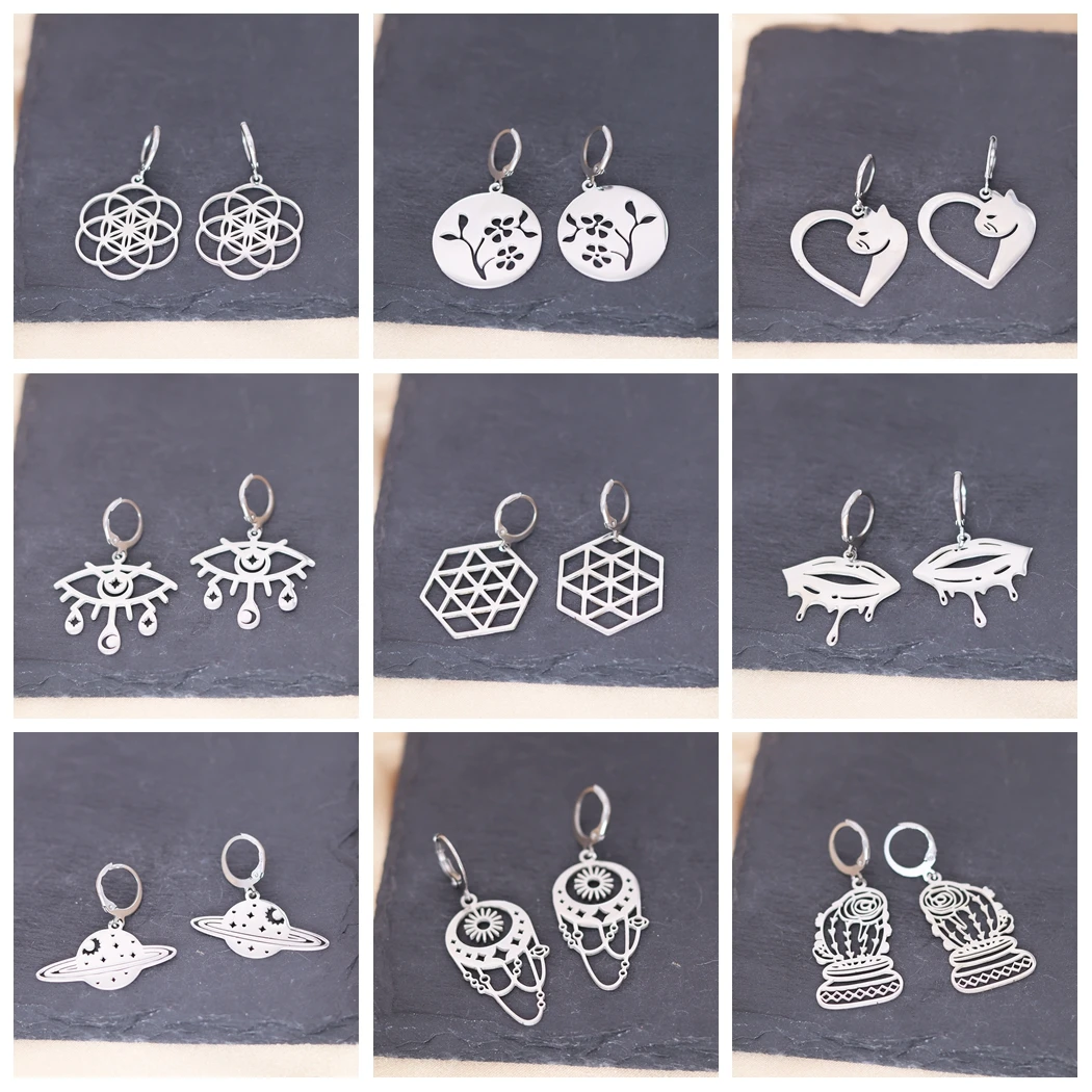 Kinitial Stainless Steel Octagami Origami 24 Carat Teardrop Evil Eye Saturn Planet Earrings For Women Trendy Piercing Jewelry