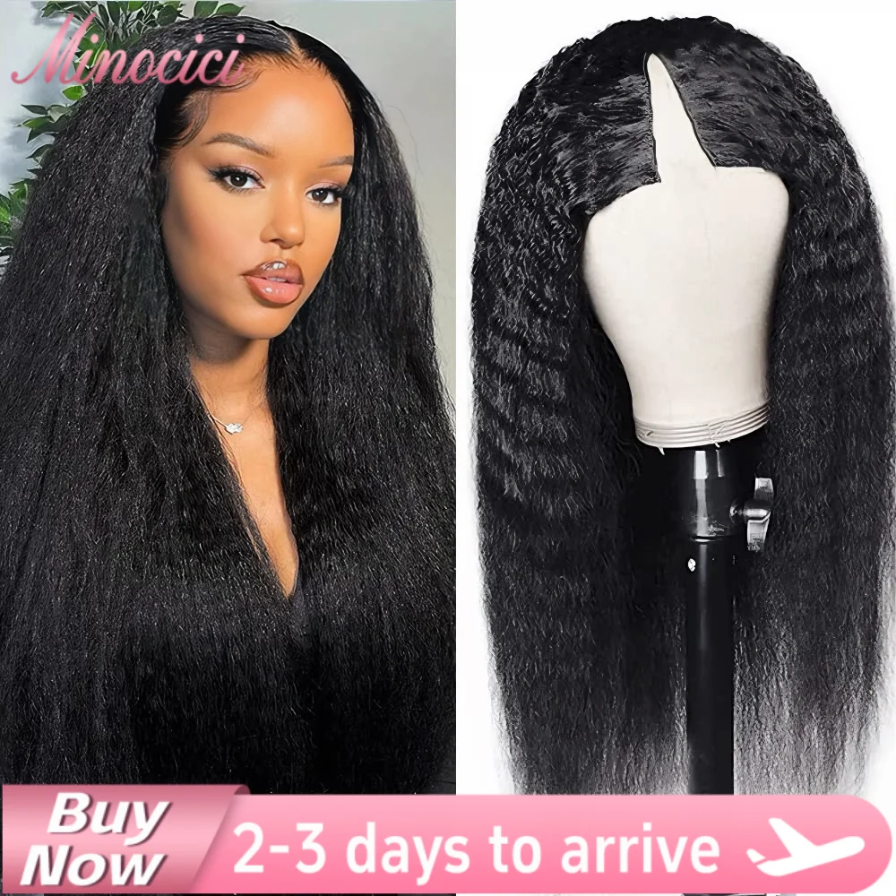 

V-образный кудрявый прямой бесклеевой парик из человеческих волос, готовый к ношению, натуральный черный цвет, без несмывания, прямой парик яки, плотность 250%