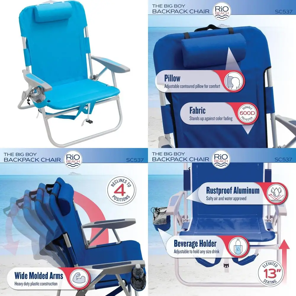 Silla plegable de playa o camping con mochila de 13 asientos altos turquesa con 4 posiciones