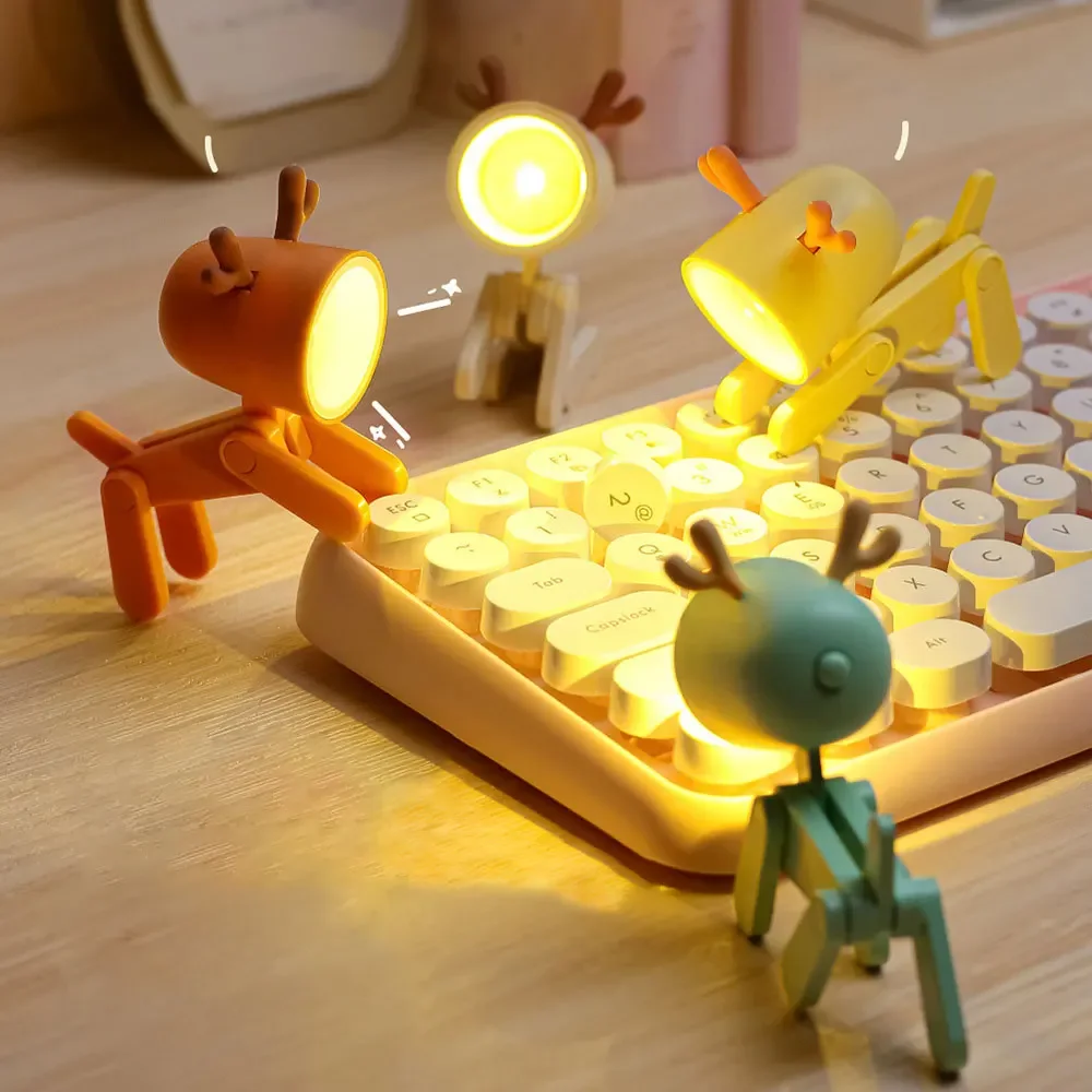 LED Night Light Mini Cute Pet Light Kawaii Gift Cartoon Dog Deer Folding Table Lamp Kids Room Bedside Bedroom Living Room Decor