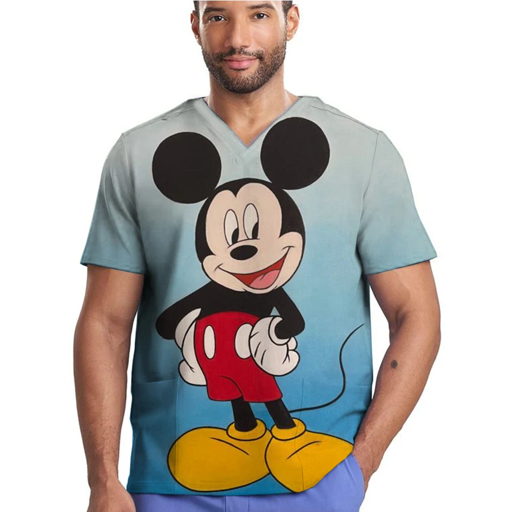 Disney Mickey Mouse print Nurse Uniforms Men Medical Scrub Set Workwear Beauty Clothes Short Sleeve Pocket Surgical Uniform Pet