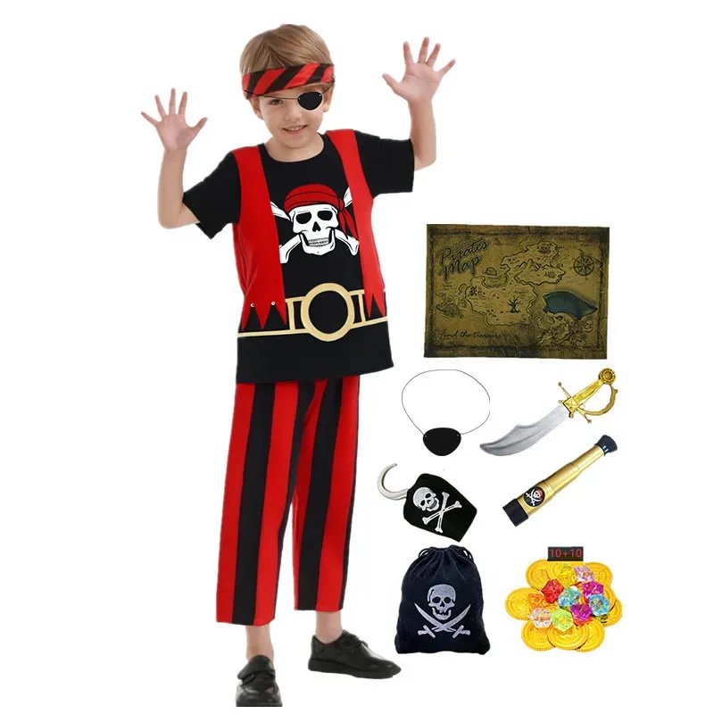 

Детский костюм пирата с черепом от 3 до 12 лет, карибский капитан, костюм для ролевых игр, праздничное платье для малышей, 7 шт., пиратская игрушка в подарок