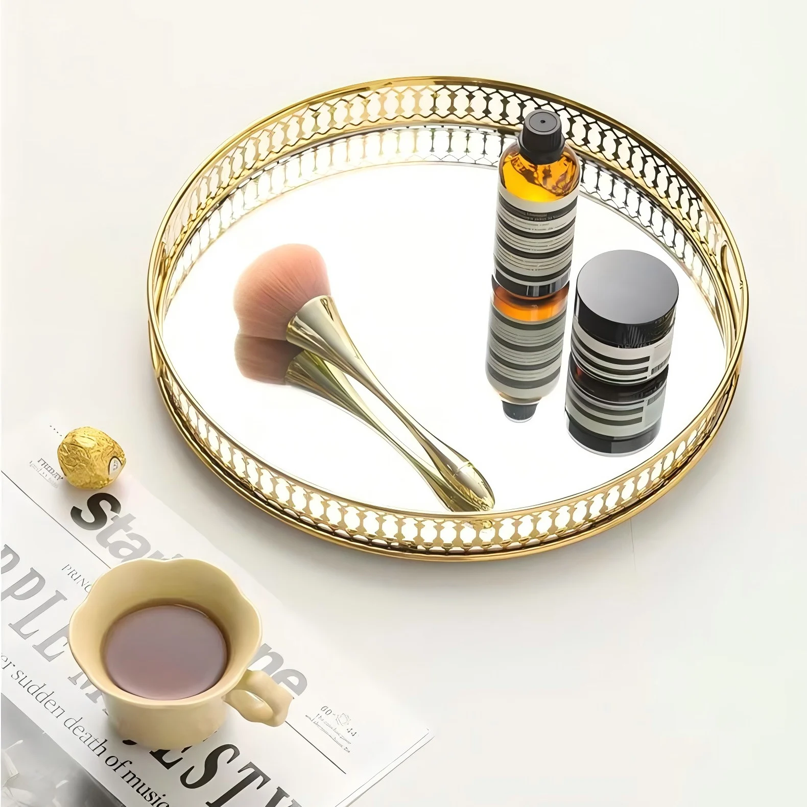 Bandeja redonda de cosméticos para baño, bandeja de almacenamiento con espejo, diseño de lujo ligero, proceso de chapado en hierro, adecuado para baño, sala de estar, dormitorio, Cosméticos de sala de estar, vasos de agua, 1 piezas control remoto, almacenamiento de artículos diversos, regalos de uso propio o vacaciones, embalaje de espuma y embalaje de cartón anticaída, dorado