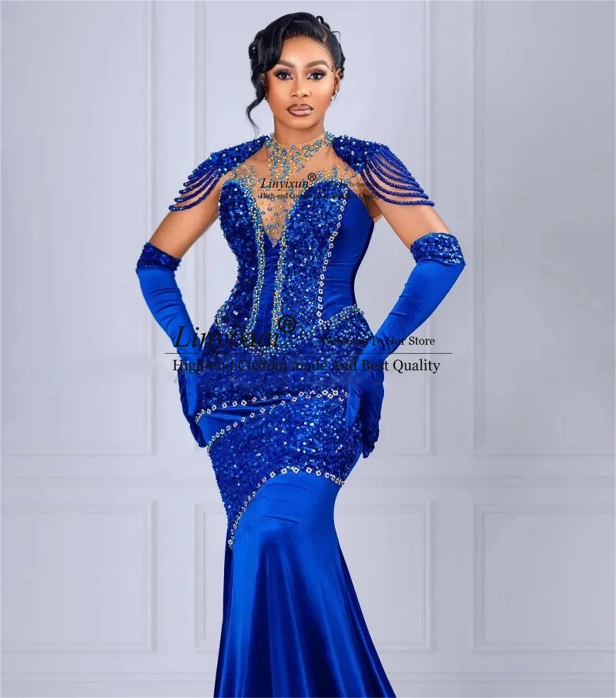 African Velvet Royal Blue Mermaid Prom Dresses Sequin Beading Aso Ebi Evening Party Gowns Court Train Formal Occasion Dresses