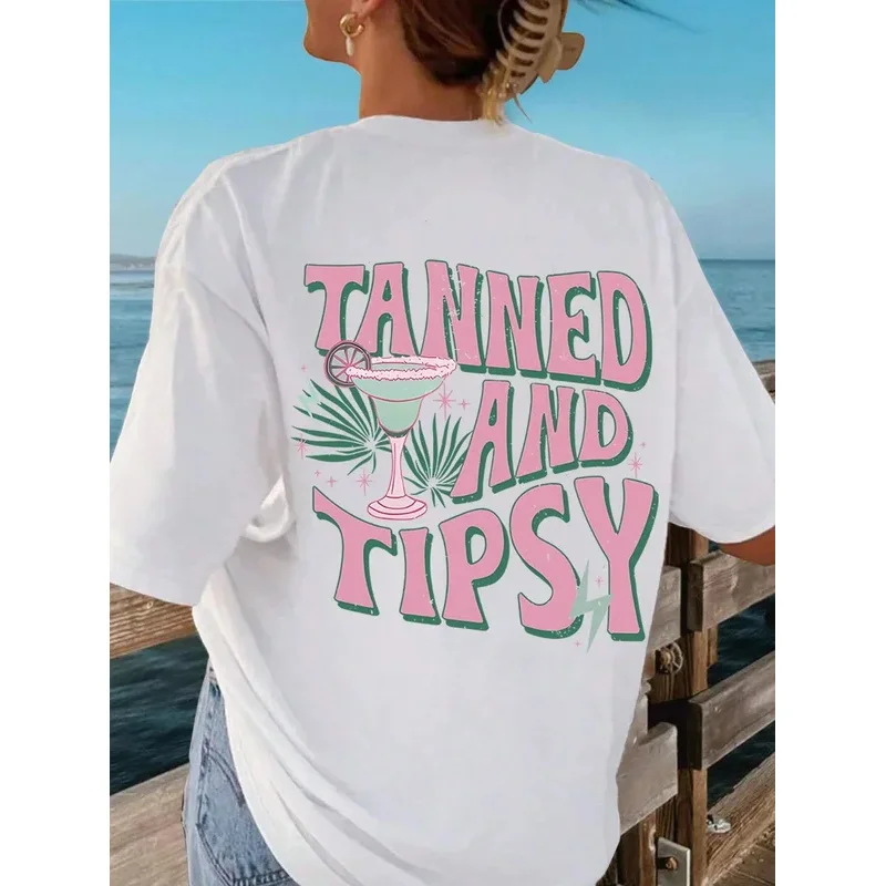 Tanned And Tipsy Pattern Print Womens Tee Clothes Soft Regular Female Tees Sporty Breathable Tops Comfortable Loose T-Shirt