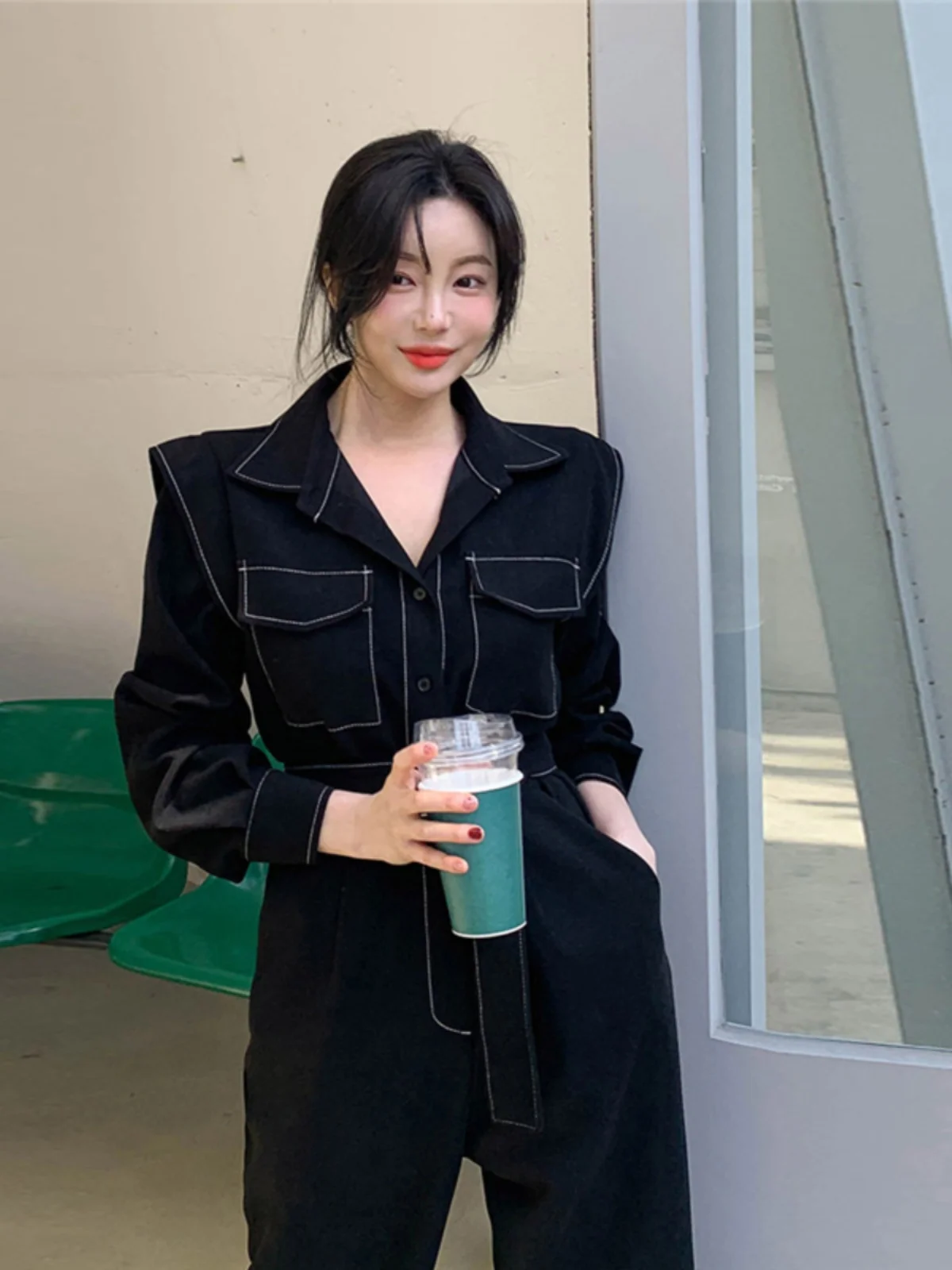 ارتفاع الخصر وزرة الدنيم المرأة عارضة فضفاضة تناسب مجموعة القرد الذاكرة العميقة اللون الخريف موسم Faion عمال نيسيي