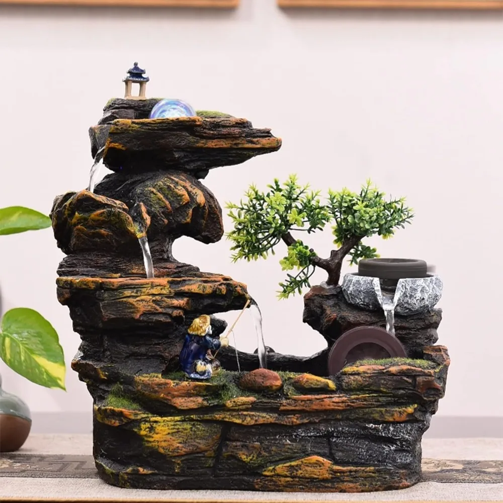 Water Fountain Desktop Fountain Indoor Small Rockery Desktop Mountain Waterfall with Ball Water Wheel Desktop Decoration