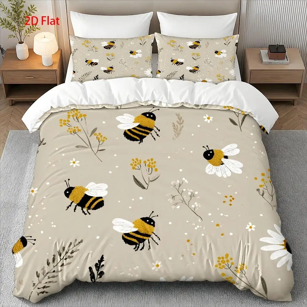 3-Piece 2D Bedding Set with Digital Print, Bee and Flower Sea Theme Pattern, Childlike Hand-Drawn Style, Digital Print, Soft and Comfortable Fabric, Suitable as a Valentine's Day Gift