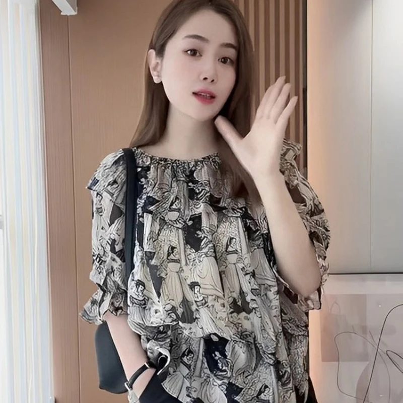 Women\'s Shirt and Blouse Loose with Print Chiffon Summer Female Tops Japanese Harajuku Fashion Elegant Social Korean Style Basic