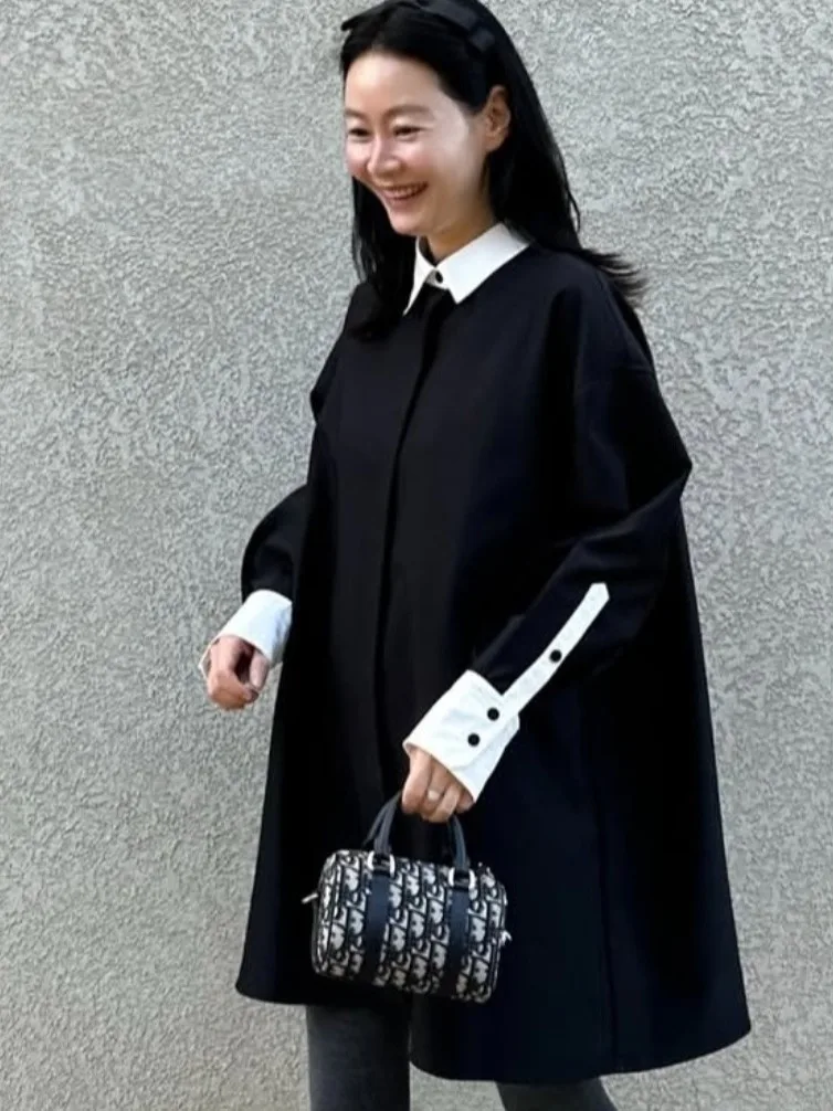 قميص نسائي أنيق للربيع بألوان متباينة وأكمام طويلة وتصميم فضفاض، ياقة عالية متعددة الاستخدامات، قميص طويل متوسط الطول للنساء #5