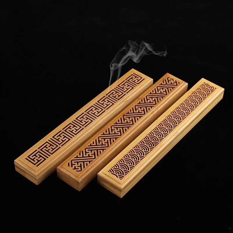 Brûleur d'encens en bambou naturel avec plaque de pose, boîte en bois d'aromathérapie pour le stockage d'encens, boîte d'encens à ligne creuse brûlante