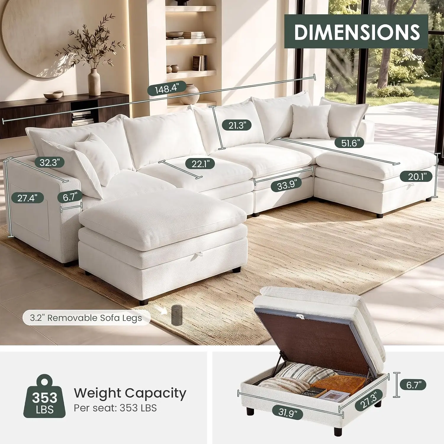 149" Oversized U Shaped Couch, Down Cloud Couch Sectional, Deep Seat Big Comfy Couch with Ottoman Storage, Home Sofa Living Room