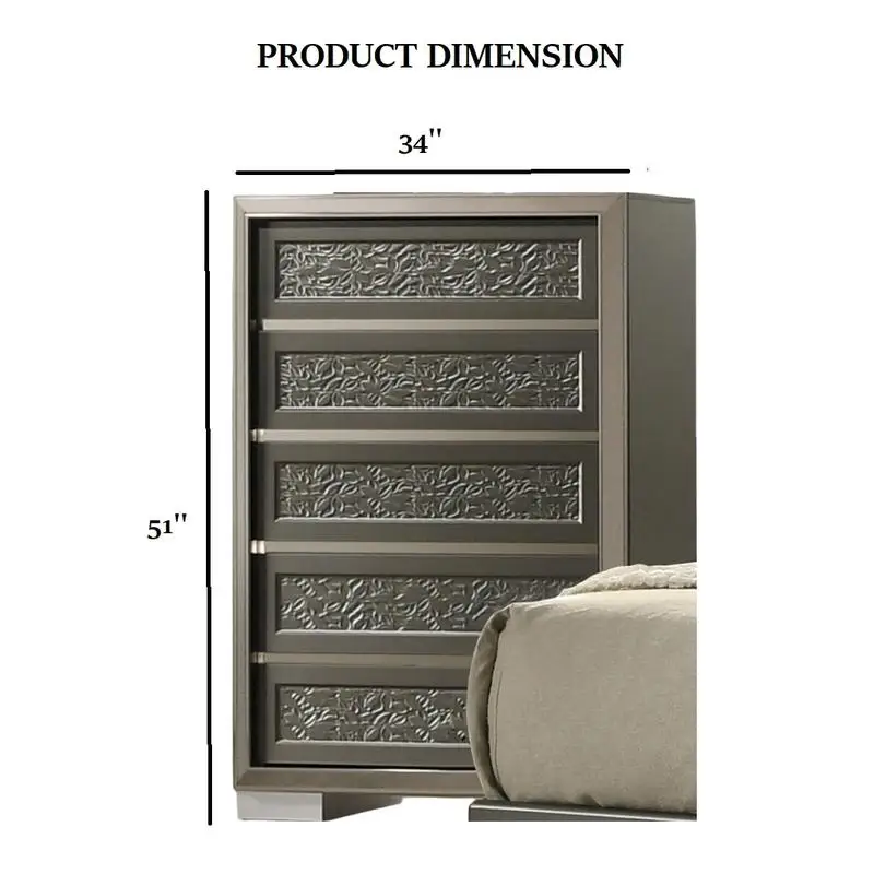 Eigentijdse ladekast met 5 lades en beugelvoeten, bladpatroon, lades met viltvoering aan de bovenkant, donkergrijze afwerking