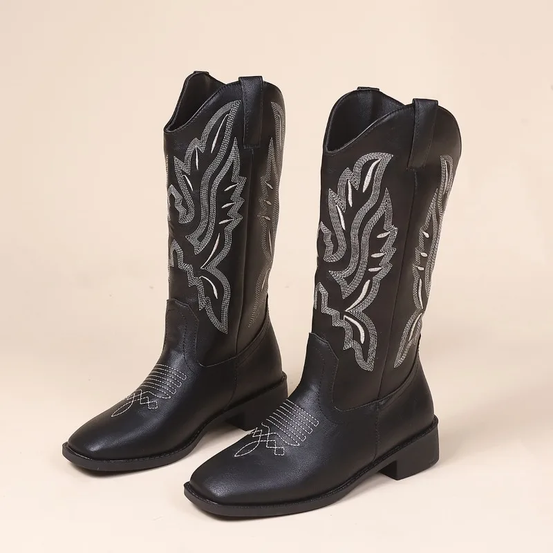 

Women Ethnic Style Western Boots Embroidered Knight Boots Retro Totem Motorcycle Boot Autumn Winter Slip On Boots Botas De Mujer