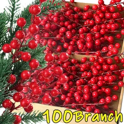 100/5pcs Christmas Artificial Red Berries Stem Ornament Red Holly Berry Stamen Fake Flowers Plants for New Year Party Home Decor