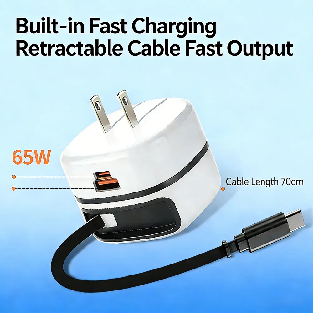 65W Fast Charger Built-in Retractable Type-C Cable 3Ports USB QC PD Charger Adapter Portable Travel Charger For CellPhone Laptop