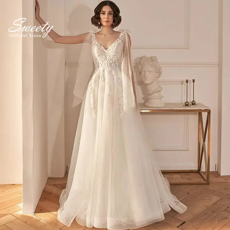 

Luxurious Wedding Dress Embroidered Lace On Net With A-line Ball Gown Full Sleeve V-neck Sexy Bride Dress Button Robe De Mariee