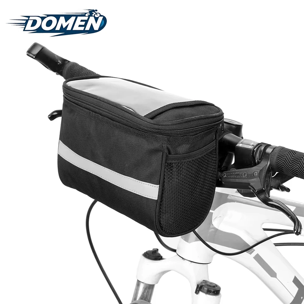 DOMEN Bicycle Front Handlebar Bag Outdoor Bike Reflective Strap Touchable Phone Pouch Bicycle Riding Bag Bike Front Tube Basket