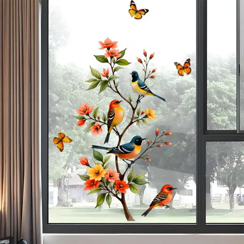 Tree Branch Bird Butterfly Sticker Window Cling Butterfly Decal Glass Door Decoration Home Fridge Sticker Electrostatic Sticker.