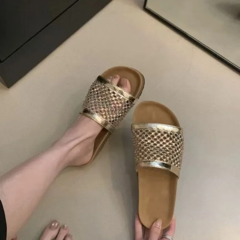 

Однотонные шлепанцы в стиле ретро со стразами для женщин, летние модные шлепанцы для отдыха на море, лето 2023, на толстой подошве