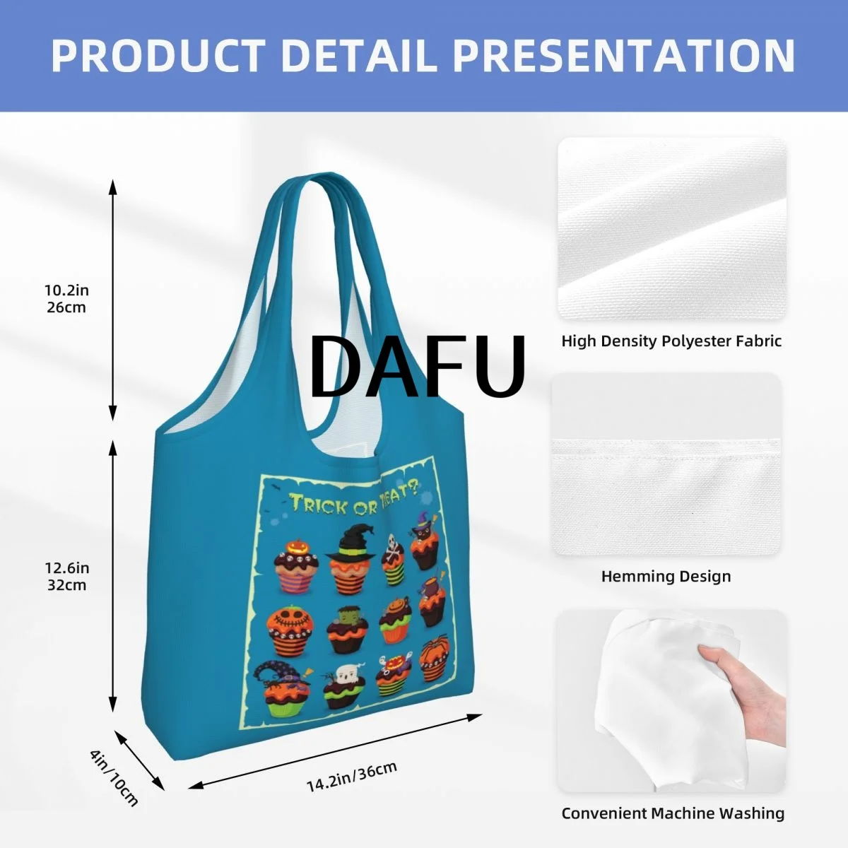 Trick or Treat Funny Halloween Print Cotton Tote Bag - Casual Commuter Shoulder Bag for Work Grocery Shopping Trick or Treat