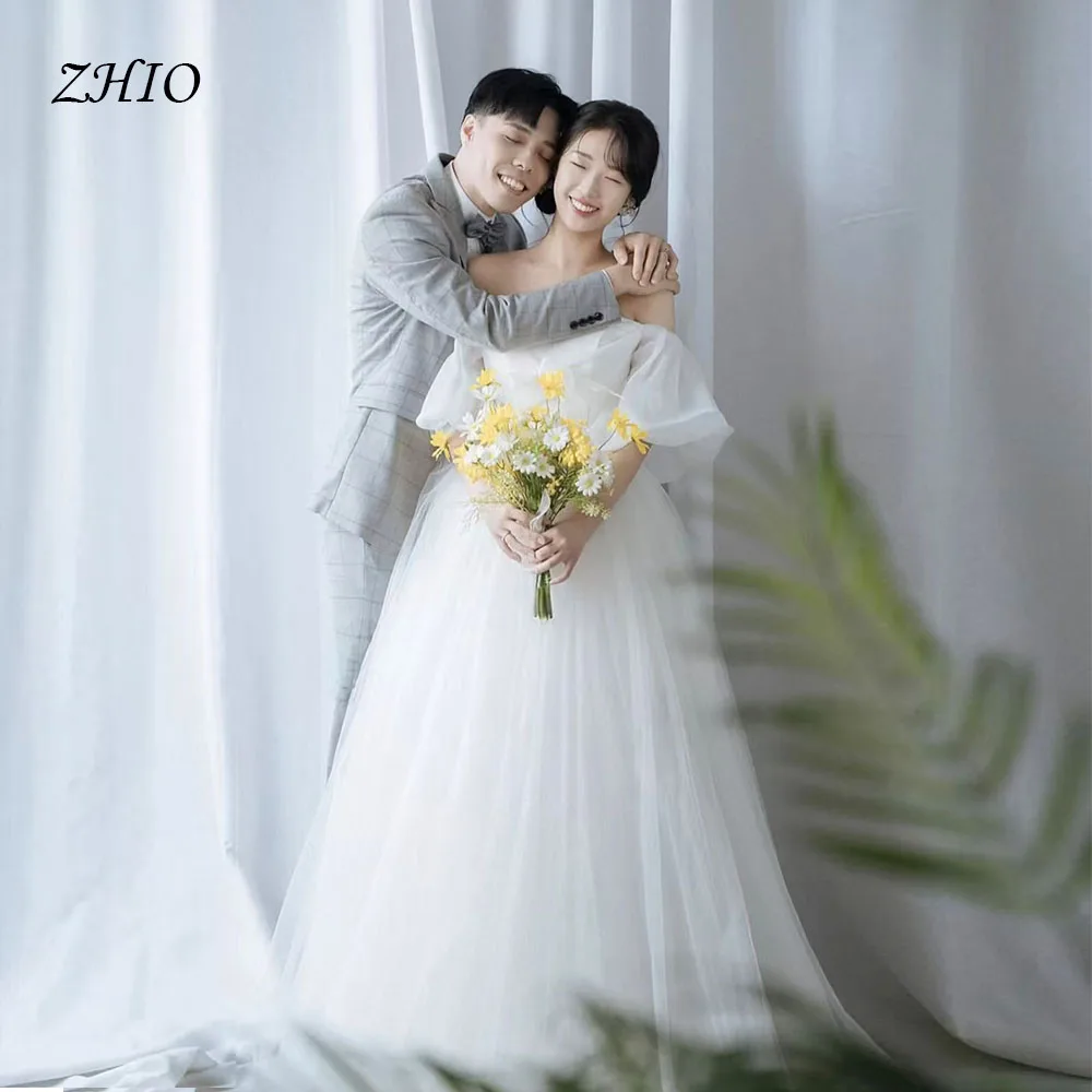 ZHIO Fairy White Tulle Wedding Party Dress Sweetheart Off Shoulder Bow A-Line Korea Photo Shoot Bridal Reception Gown Customized