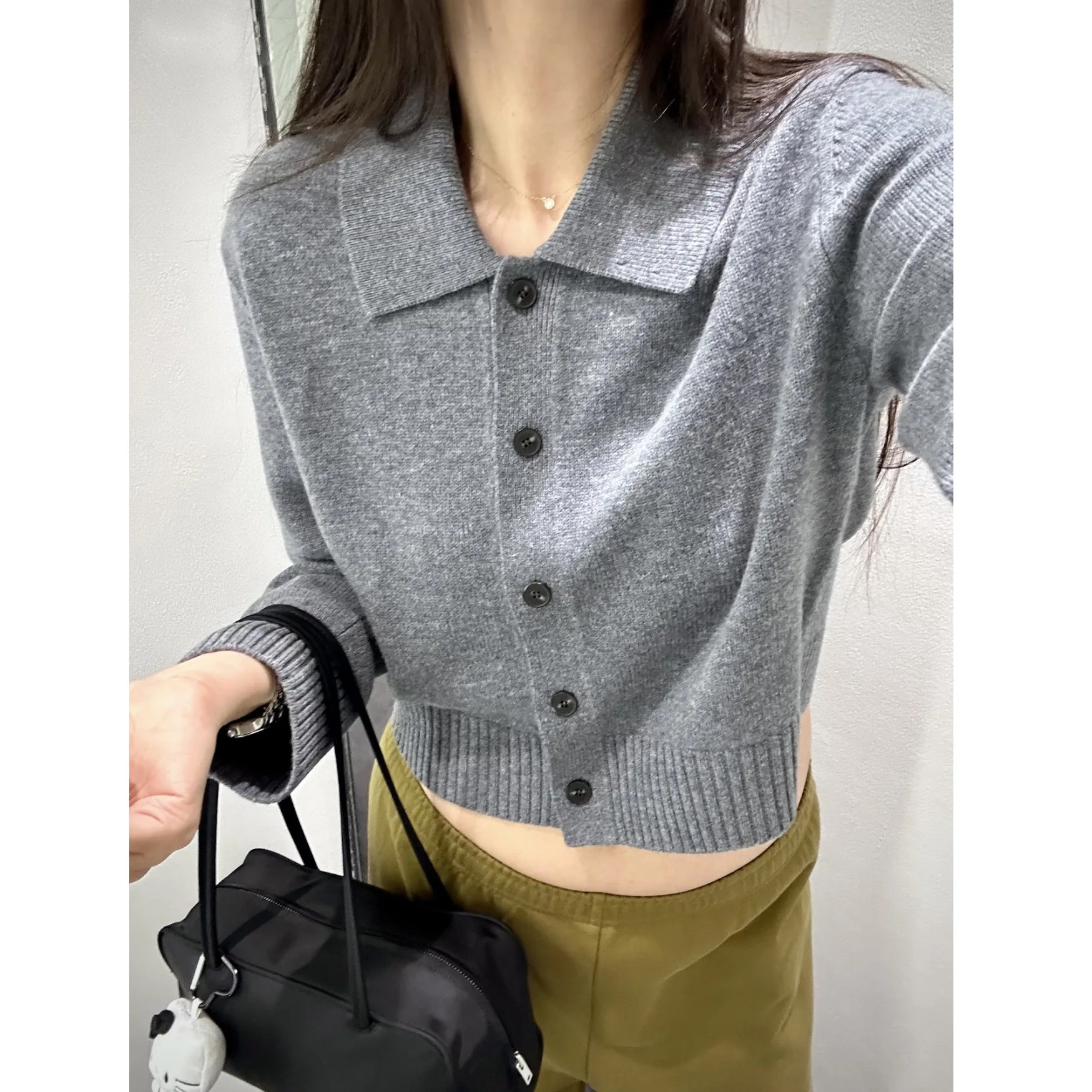 

Lapel short wool knitted cardigan sweater women's spring 16a-2266