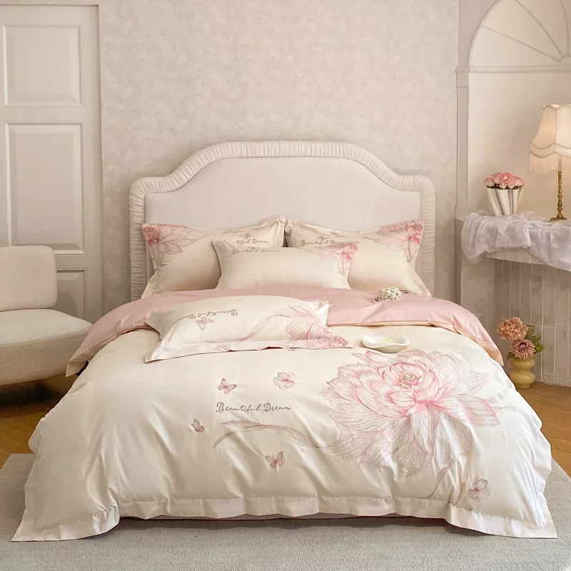 Pink Flowers Embroidery Bedding Set Luxury Egyptian Cotton Duvet Cover sets Flat/Fitted Bed Sheet Pillowcases Home Textiles