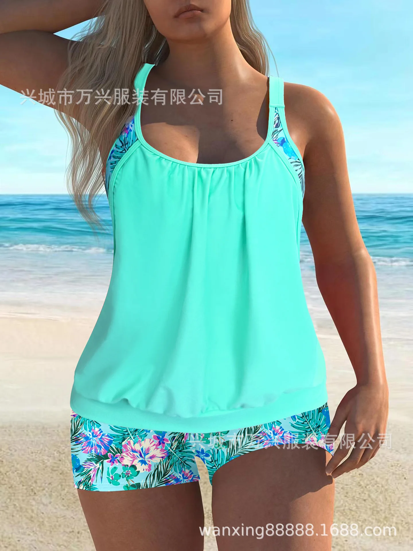 2025 Women's Modest Swimwear Set Solid Color High-Waist Bikini with Boyshort Bottoms Tummy Control Summer Holiday Two Piece Suit