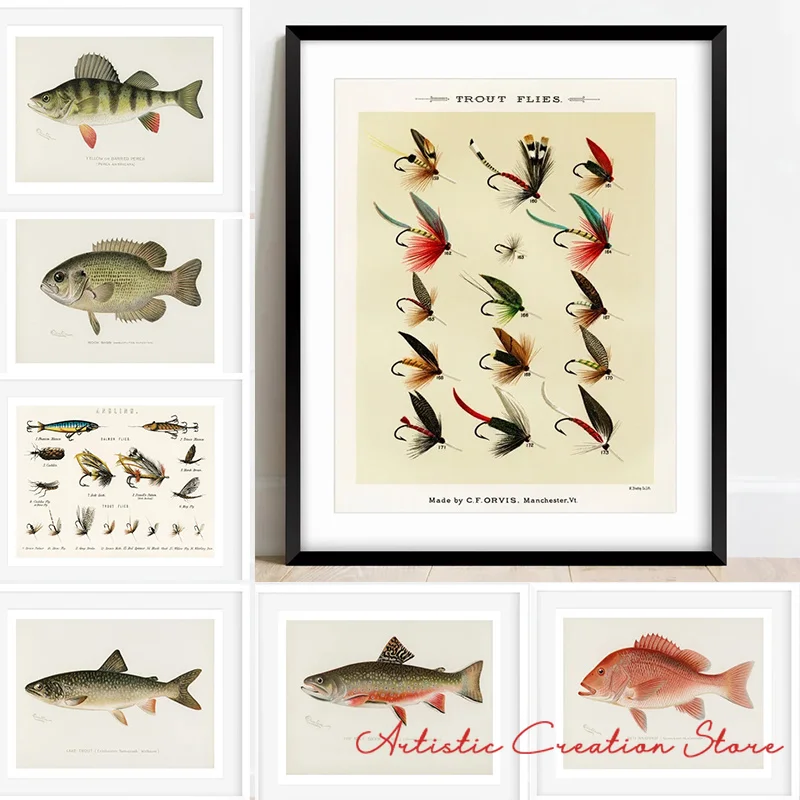 Retro Animal Poster Variety of Fish Salmon Flies Art Canvas Painting and HD Print Pictures for Living Room Wall Home Decoration