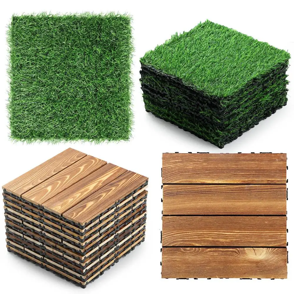 24 Pcs Outdoor Interlocking Deck Tiles Waterproof Wood Flooring Artificial Grass Easy DIY Installation