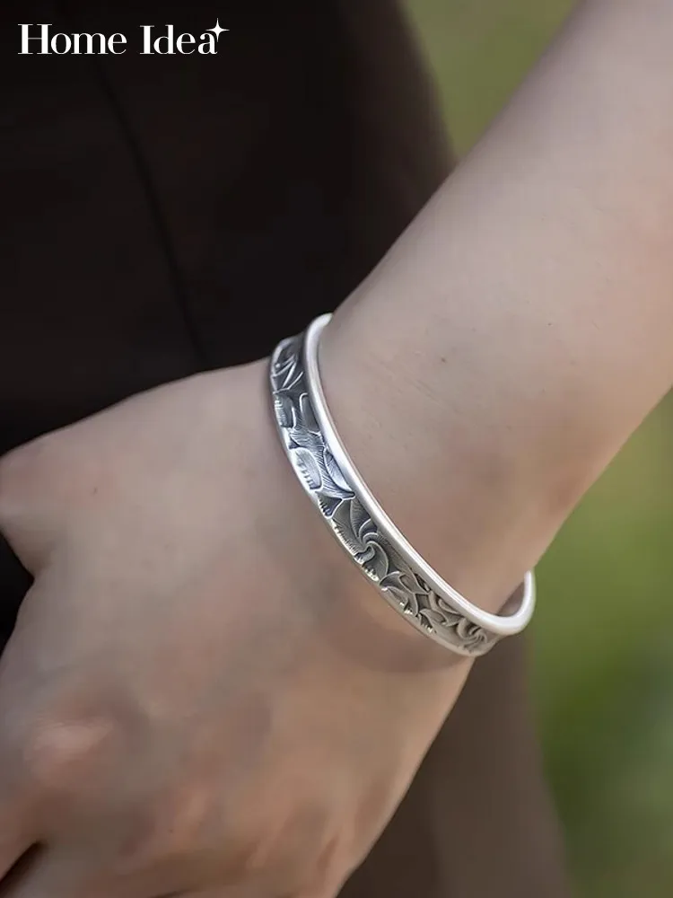 Fashion Women Wide Solid 999 Fine Silver Bracelet Vintage Pattern Adjustable Cuff Bracelet Birthday Gift Sterling Silver Jewelry