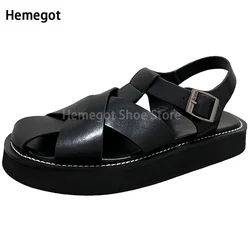 Genuine Leather Baotou Sandals Men's Summer New Thick-Soled Casual Beach Roman Shoes Round Toe Hollow Height-Increasing Shoes