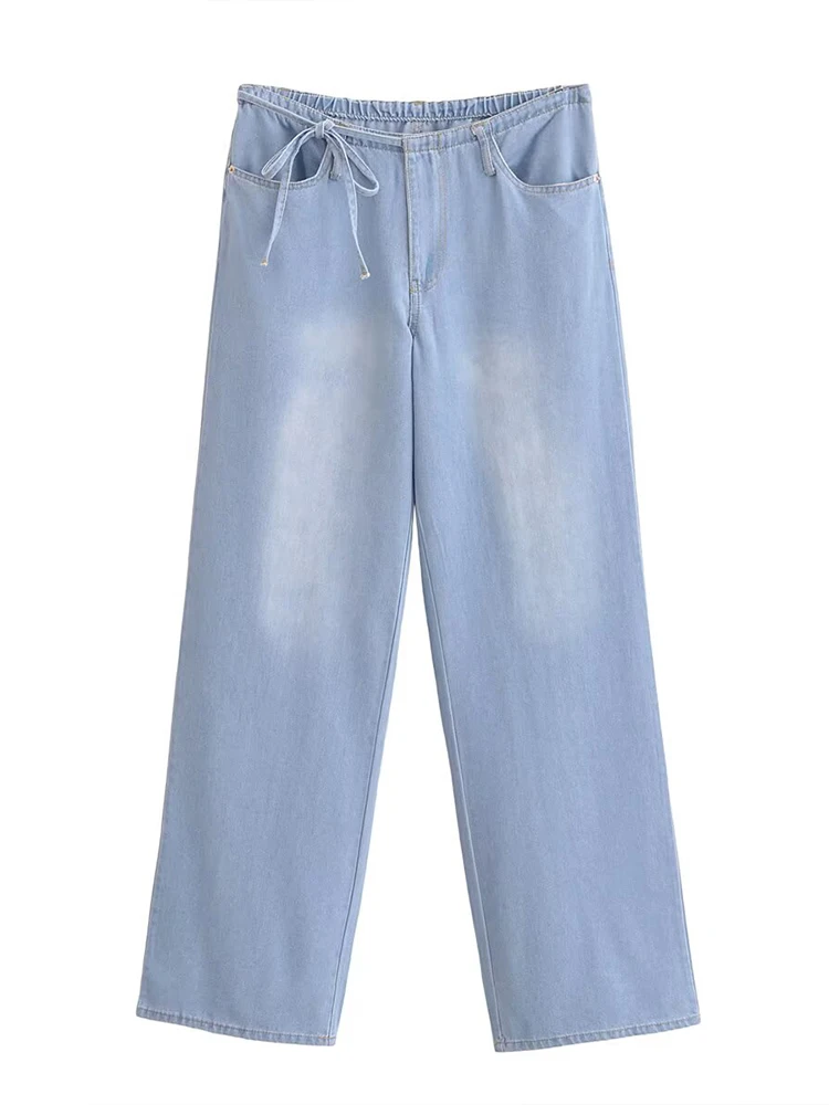 

European style new women's fashion versatile temperament bevel lace pajamas style mid-waist casual jeans
