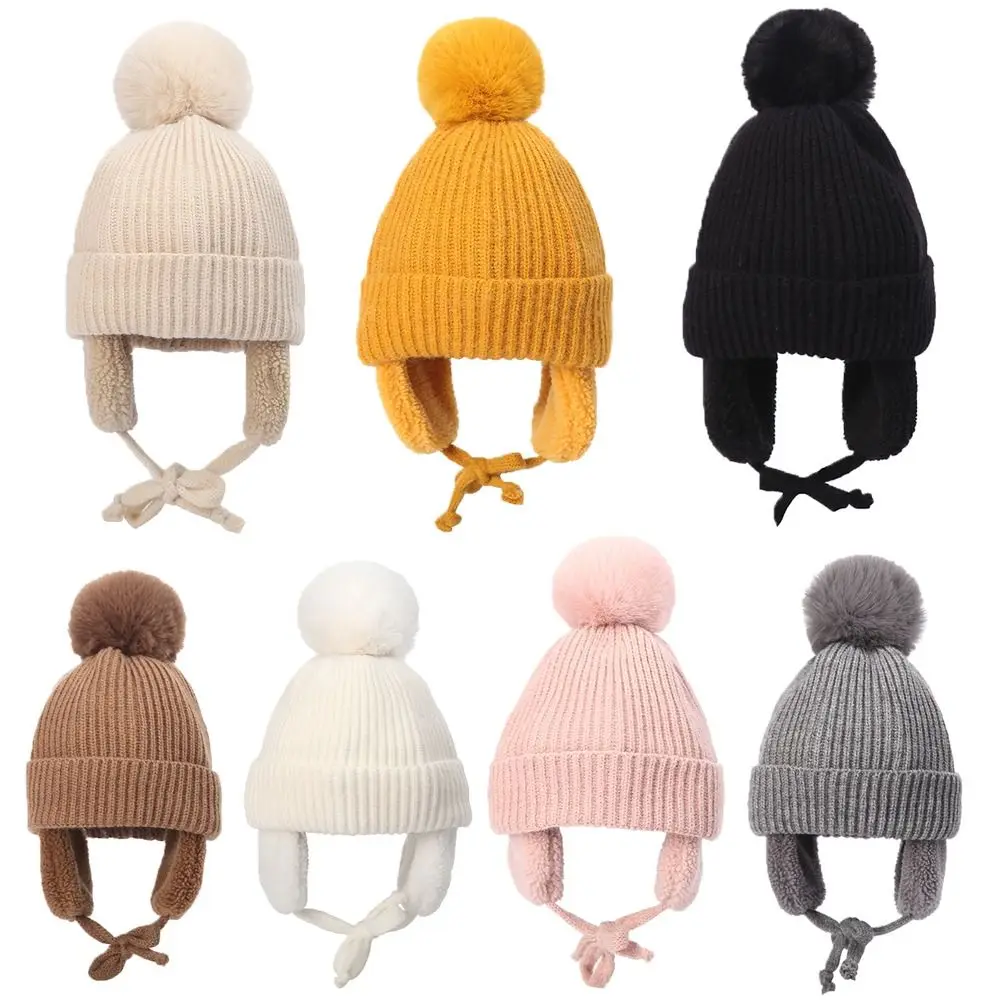 Children Winter Cap New Fashion Wool Windproof Warm EarFlaps Cotton Cute Knitted Cashmere Kids Hat With Pompoms 2-8 Year