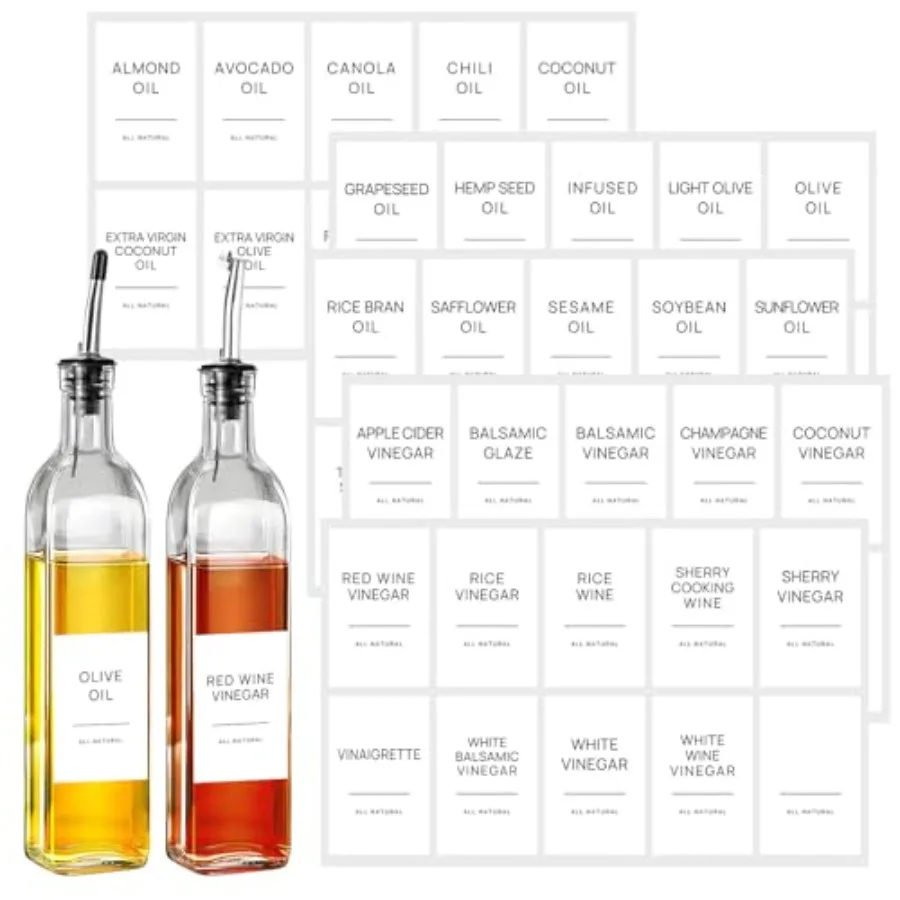 Etiquetas de aceite y vinagre para botellas, 50 etiquetas de despensa para botellas dispensadoras de aceite de vinagre, botellas de aceite de oliva, etiquetas adhesivas para tarros de cocina