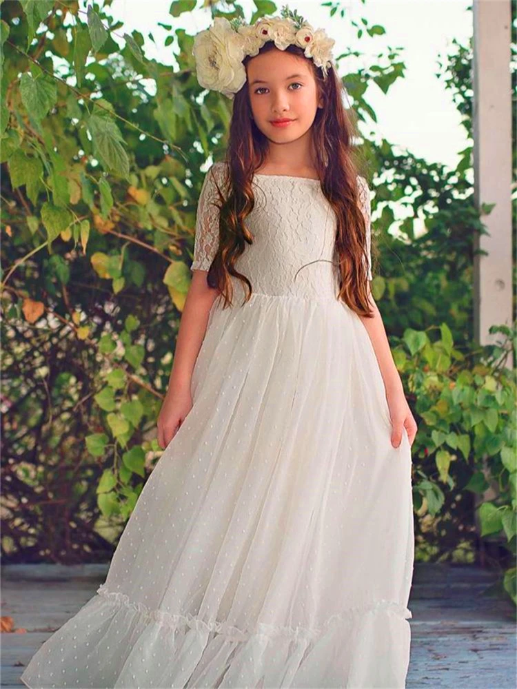 Elegant Flower Girl Dress White Tulle Lace Printing Princess Ball Beauty Pageant First Communion Gowns Kids Birthday Present