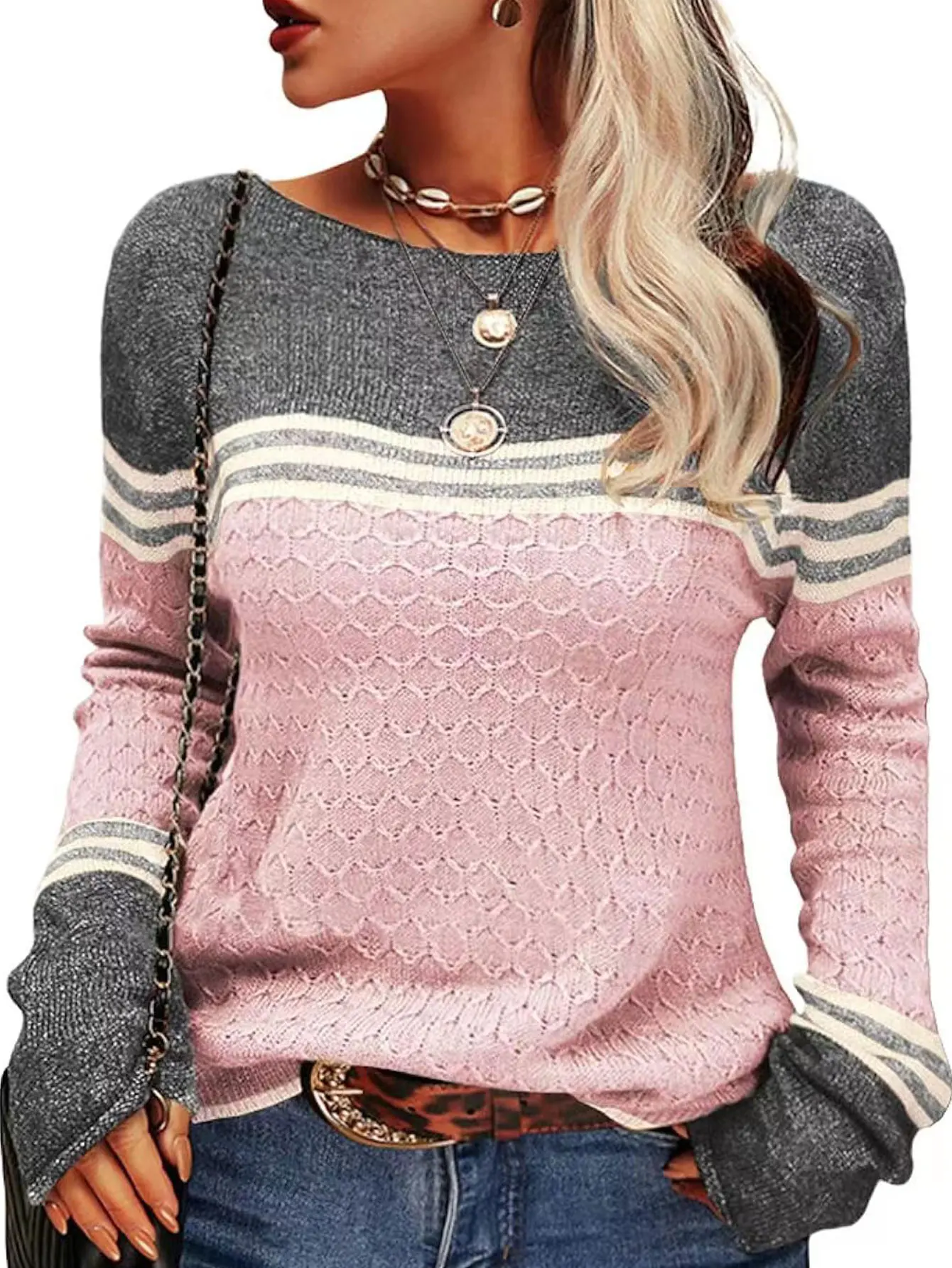 

Женский винтажный свитер в стиле ретро с длинными рукавами и круглым вырезом контрастного цвета, облегающий базовый осенний топ для повседневной носки