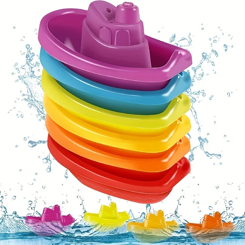 6 Pcs/Set Infant Rainbow Boat Stacking Bath Toys, Color Cognition Recognition, Stackable Floating Boat Beach Water Toys