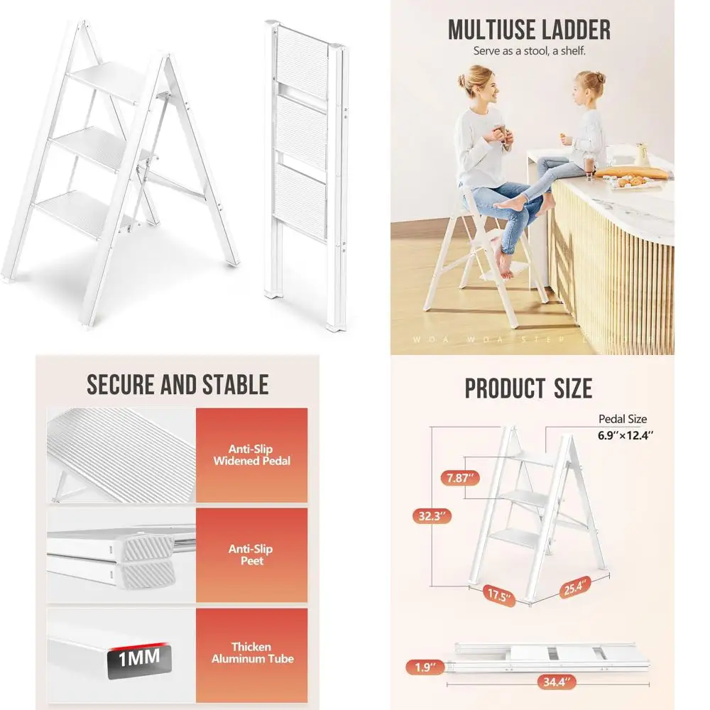 مقعد ألومنيوم قابل للطي، سلم خفيف الوزن للاستخدام المنزلي، مضاد للانزلاق، محمول، يحمل 300 رطل - أبيض #1