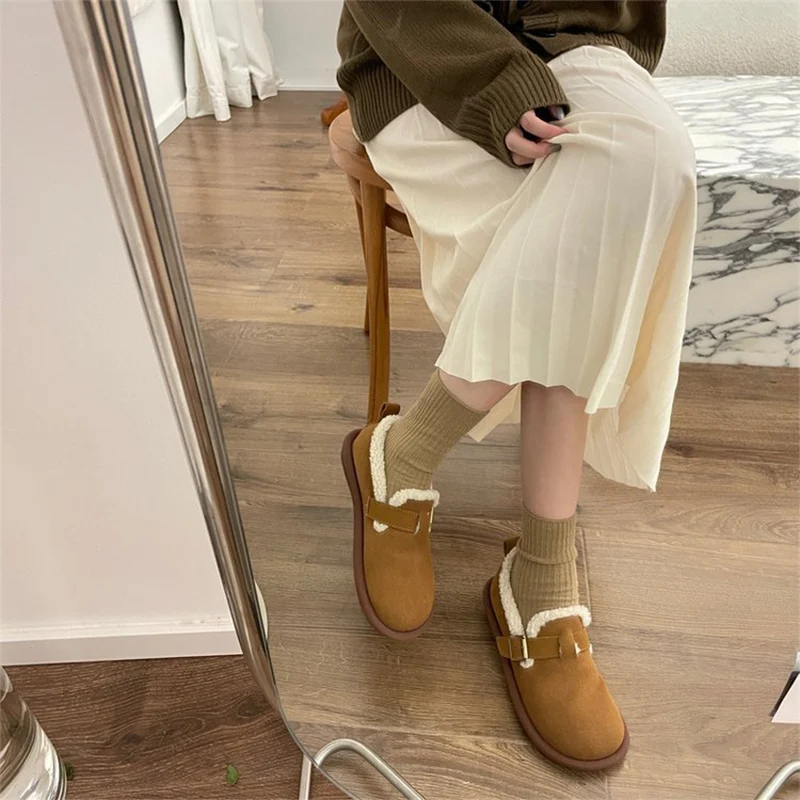 2024 New Women's Fleece Shoes Winter Warm Snow Boots Thick Sole Round Head Comfort Cotton Shoes Casual Bean Shoes Loafers Urban