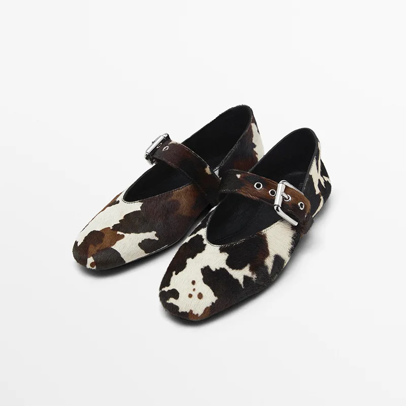 

Withered Minimalist Vintage Ballet Women's Shoes New Leather Flat Sole Single Shoes Leopard Print Horsehair Mary Jane Shoes