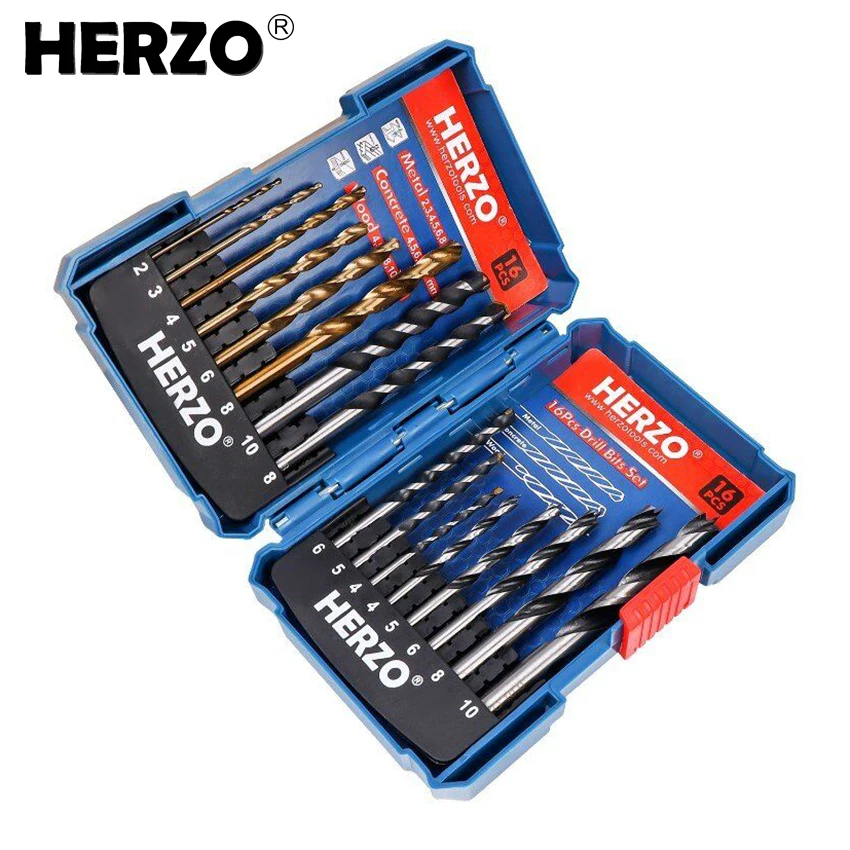 

HERZO 16pcs Twist Drill Bit Set For Metal Woodworking Drilling Power Tools Accessories with Case