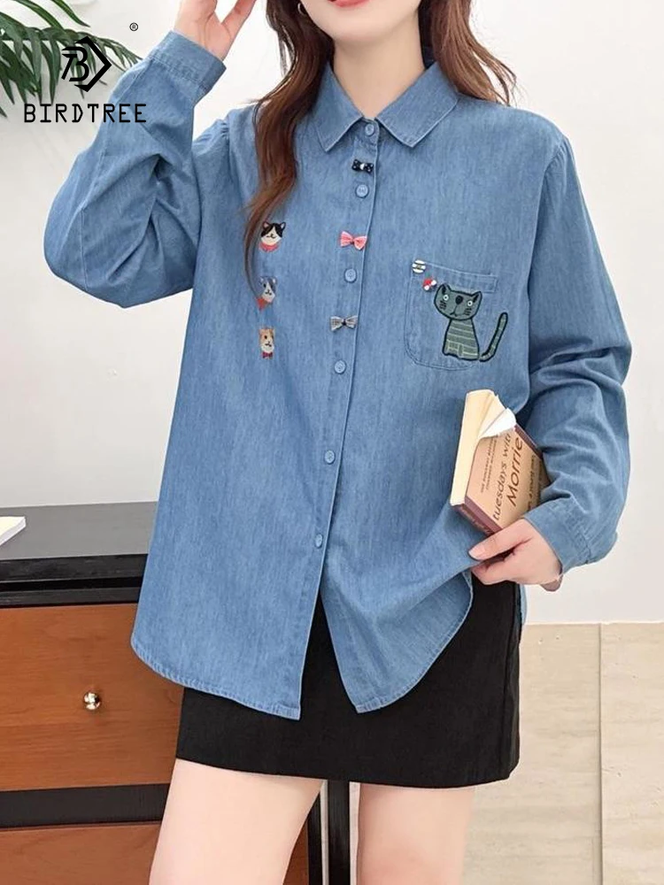 

Новинка 2026, весенняя джинсовая рубашка с длинными рукавами, женская вышивка с отложным воротником, свободная блузка с бантом в консервативном стиле Mori Girl T5D948CC