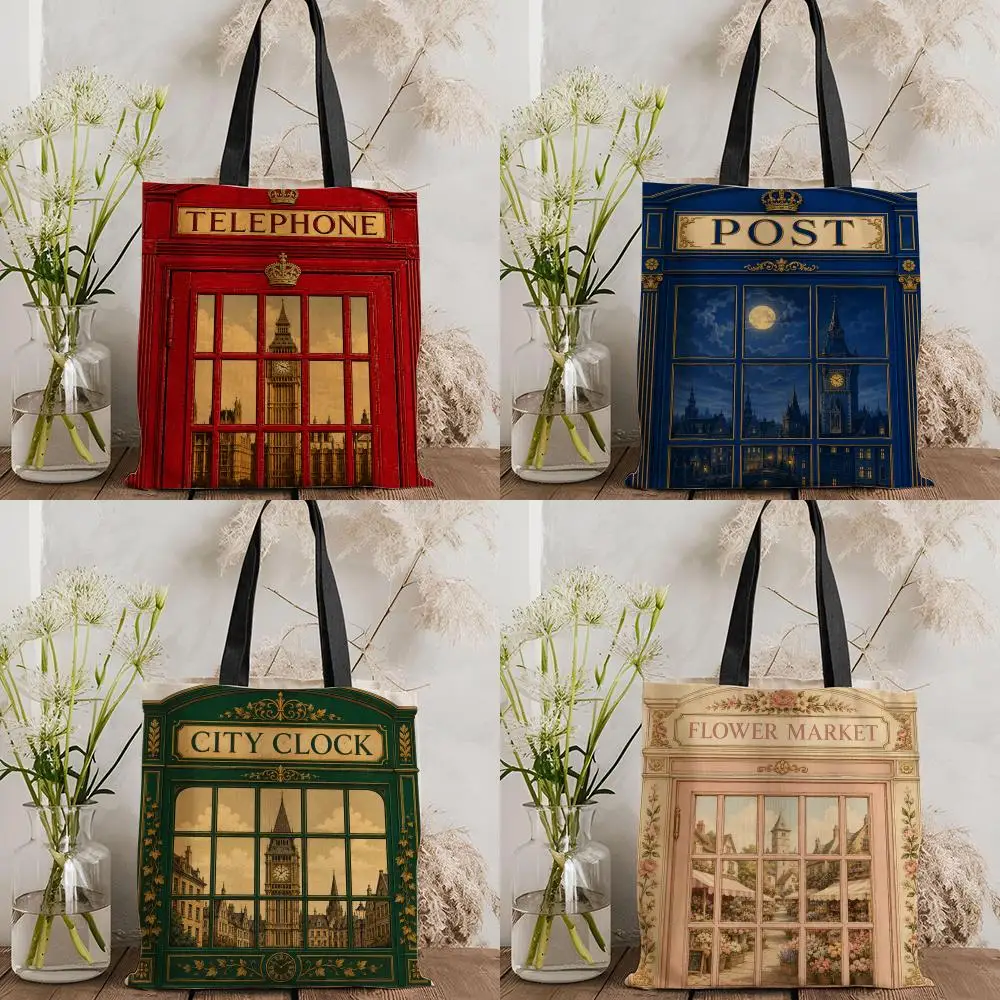 London Telephone Storage Bags Double-Sided Printed Canvas Tote Bag Eco-Friendly Reusable Large Capacity Handbag